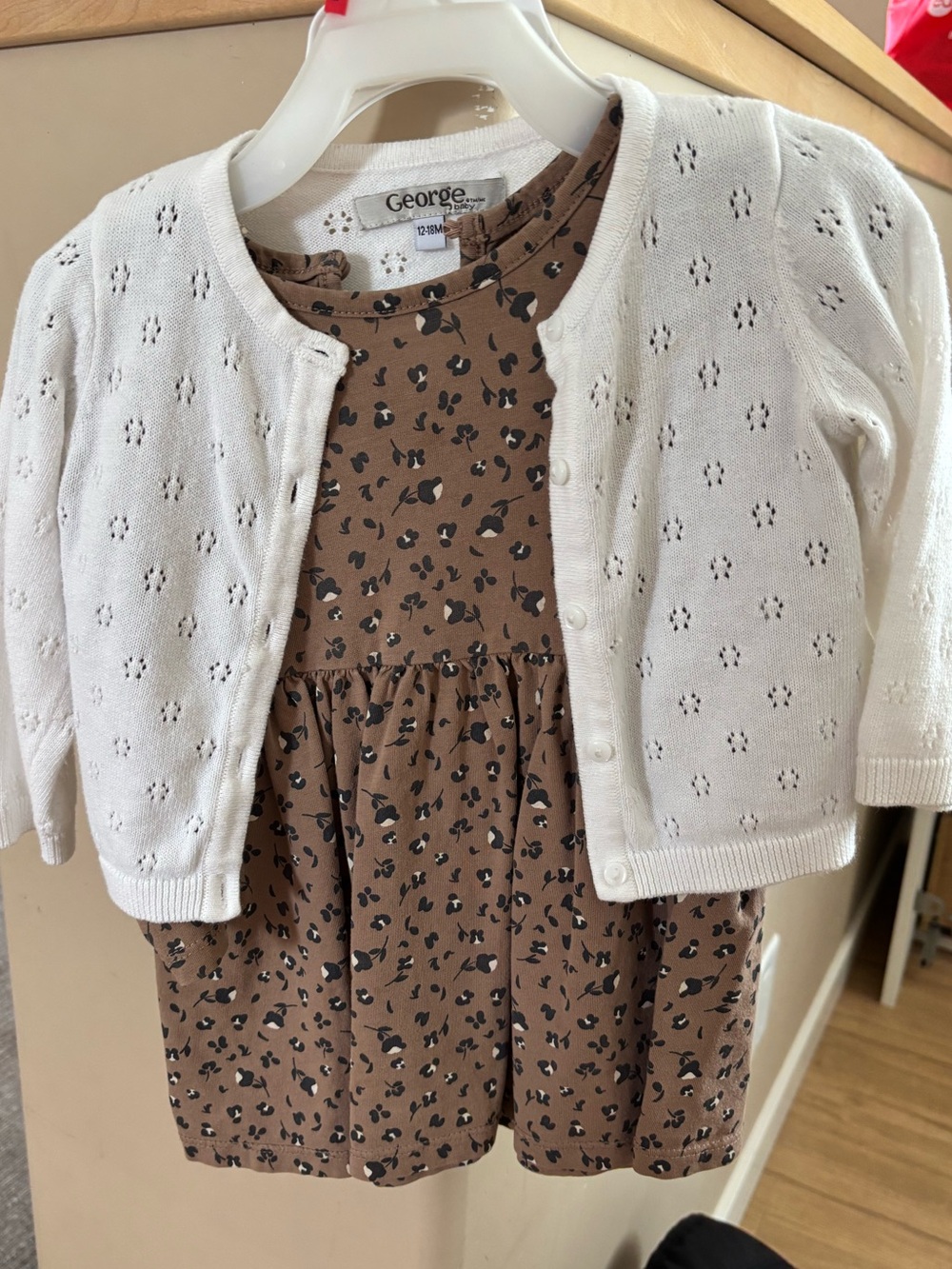 George Brown Long-Sleeve Printed Peplum Dress and white cardigan